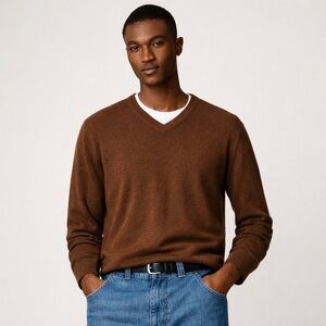 J.Crew 100% Cashmere V-Neck Sweater Soft Classic Luxury Knit Pullover Sz L Brown
